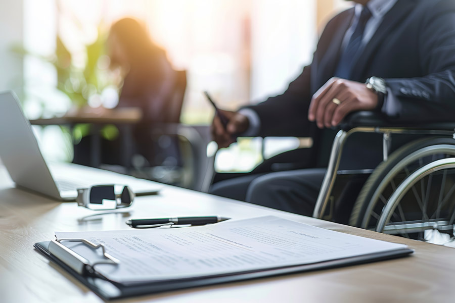 Ein Geschäftsmann im Rollstuhl sitzt am Schreibtisch mit einem Laptop, Stift und Dokumenten. Im Hintergrund ist eine weitere Person zu sehen.